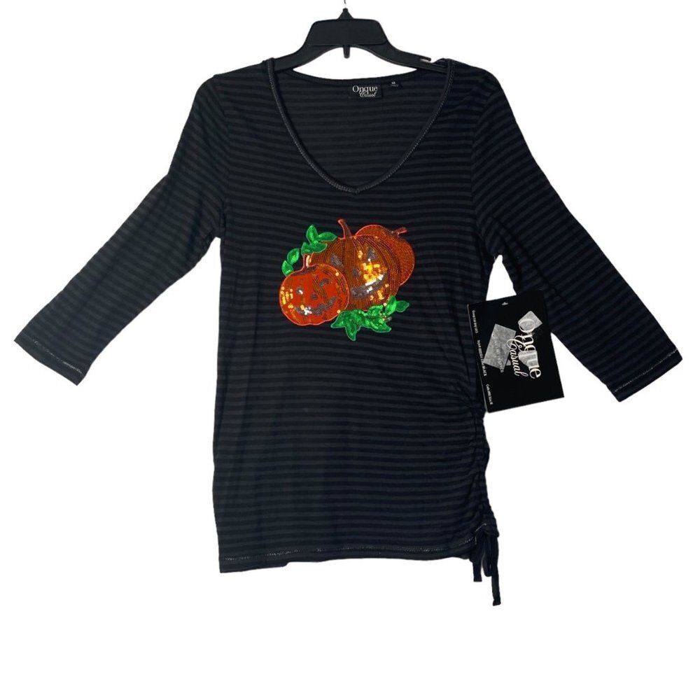 Onque Casual Sequin Jack-O'-Lantern Blouse Women Medium Black‎ Pumpkin Fall NEW